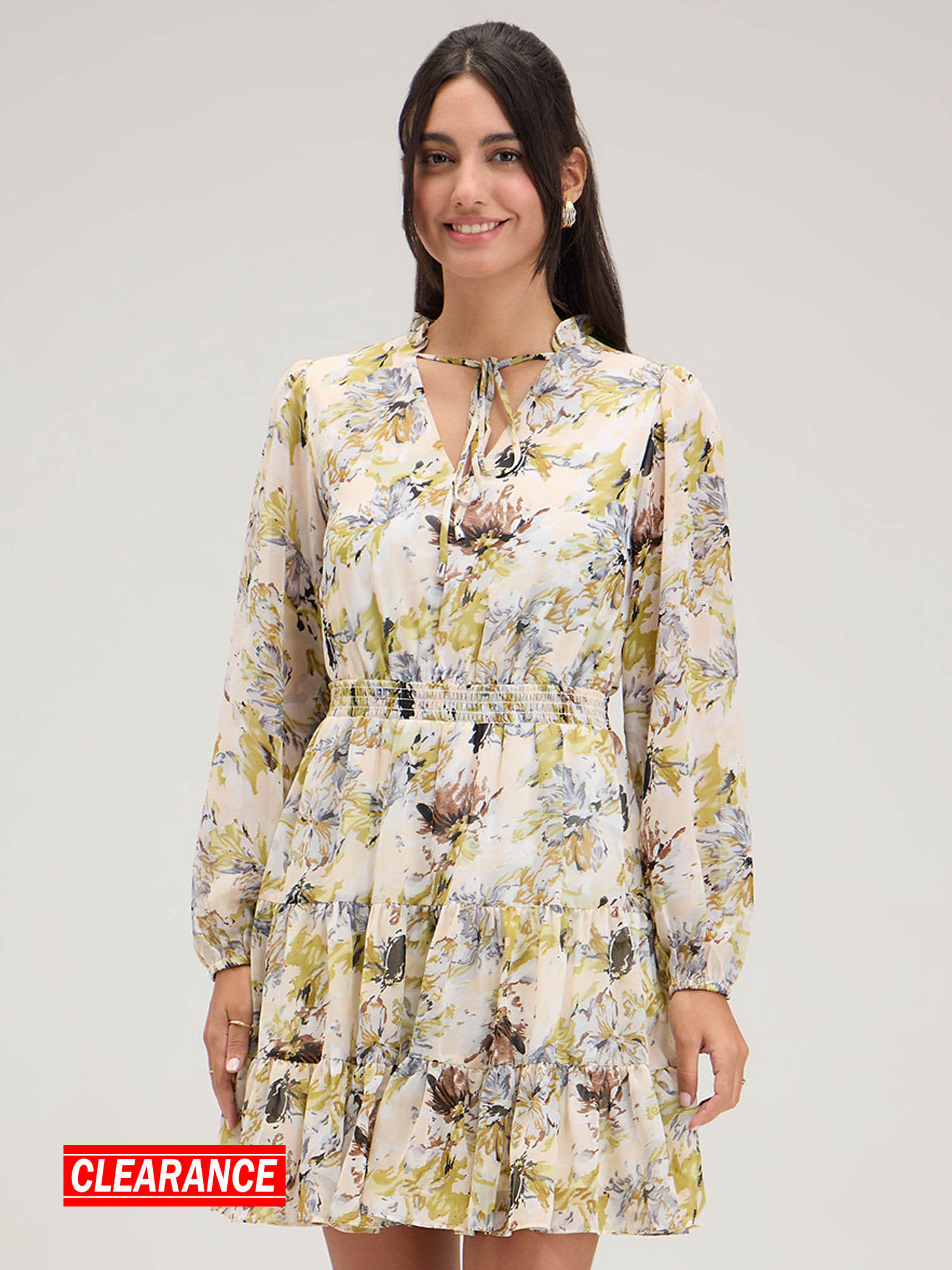Twenty Dresses by Nykaa Fashion Off White V-Neck Floral Full Sleeves Short Dress Nykaa Fashion sale