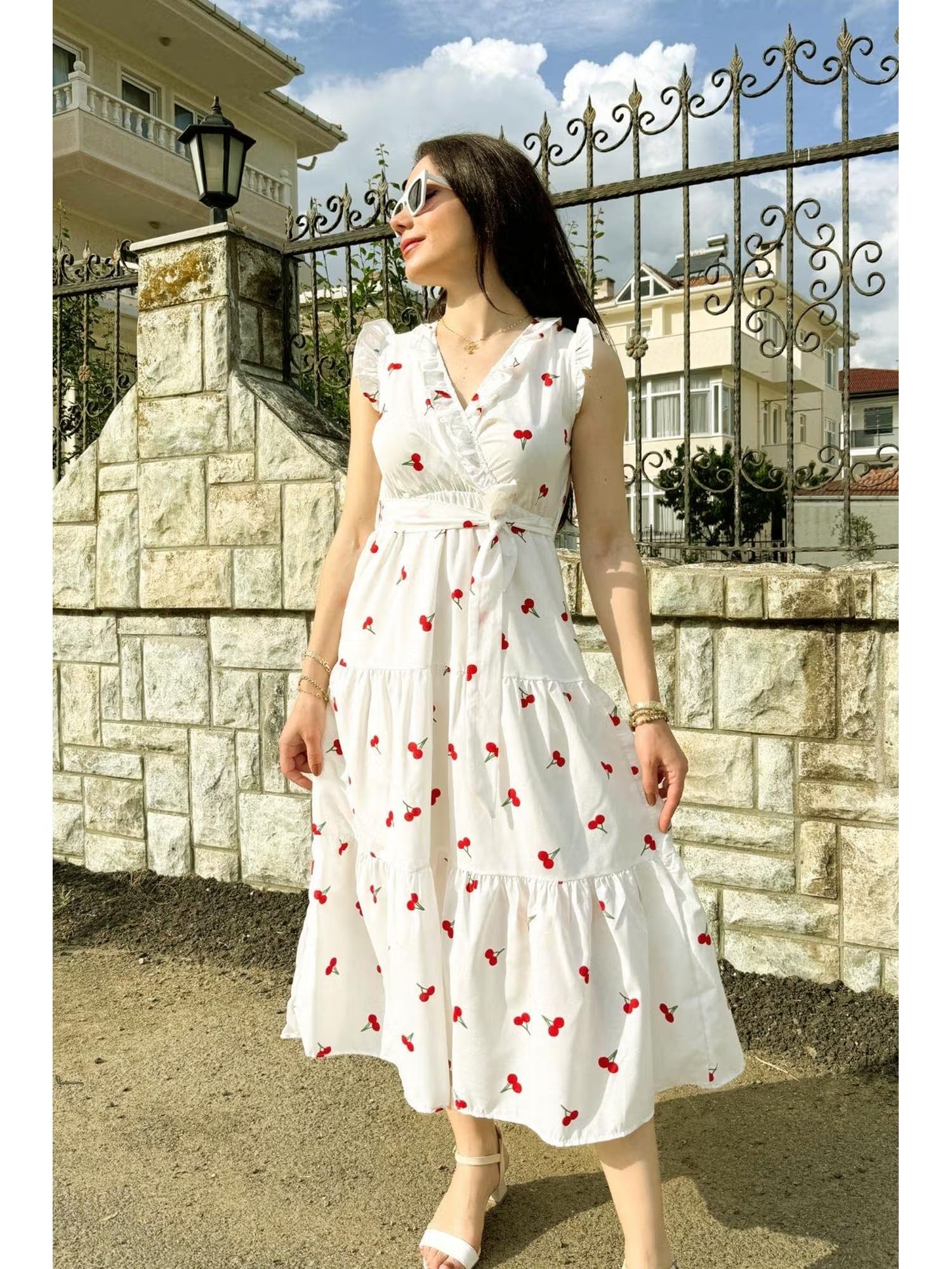PIMU V-Neck Midi Dress with Belt White Floral Nykaa Fashion sale