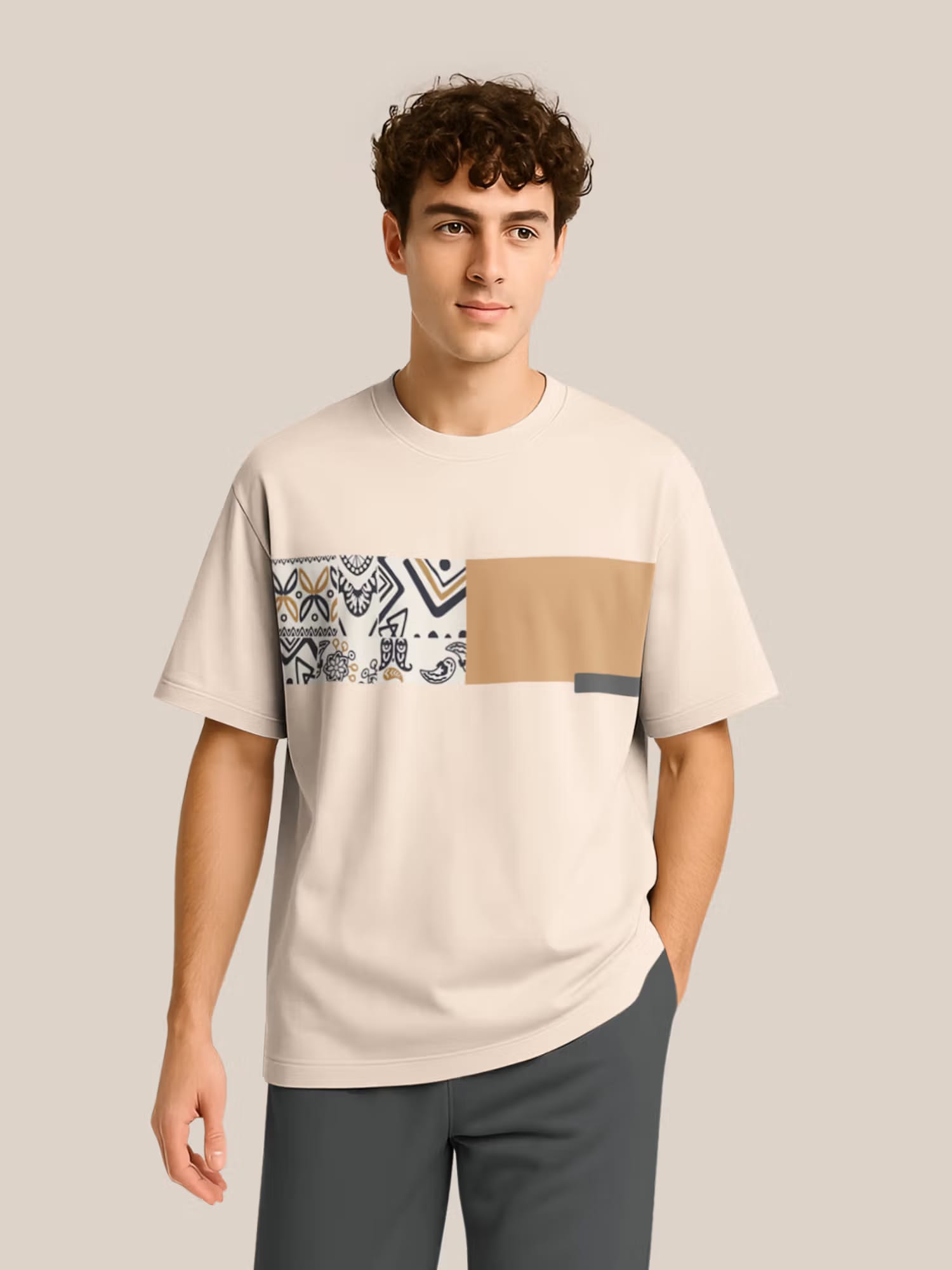 BULLMER Trendy Beige Half Sleeve Oversized Cotton Blend Crew Neck T-Shirt for Men Nykaa Fashion sale