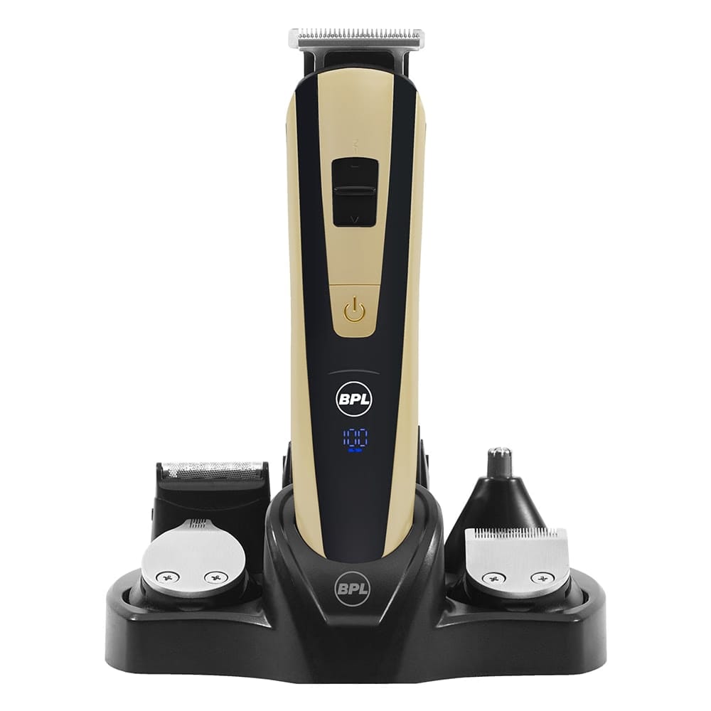 BPL Men's 10-in-1 Grooming Kit with Digital Battery Indicator, 70mins Cordless Usage, Fast Charging, 5-Heads & 5-Comb Length Adjustment, Detachable Heads for easy cleaning, 2 Years Warranty, Black and Light Gold Reliance Digital sale