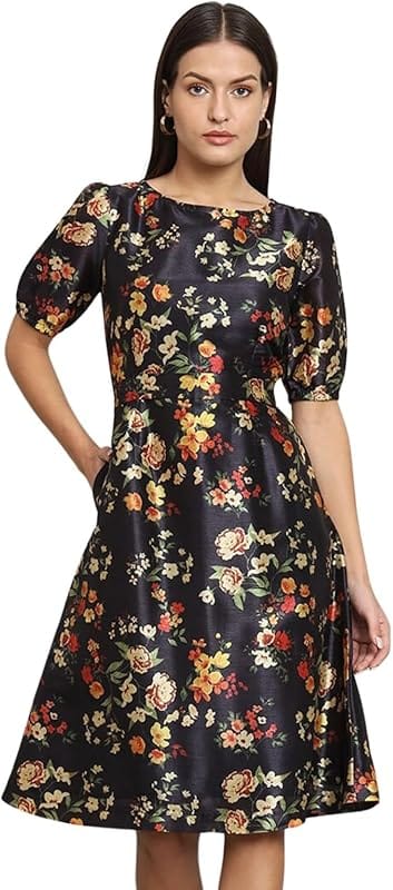 SASSAFRAS Women's Puff Sleeve Fit and Flare Dress