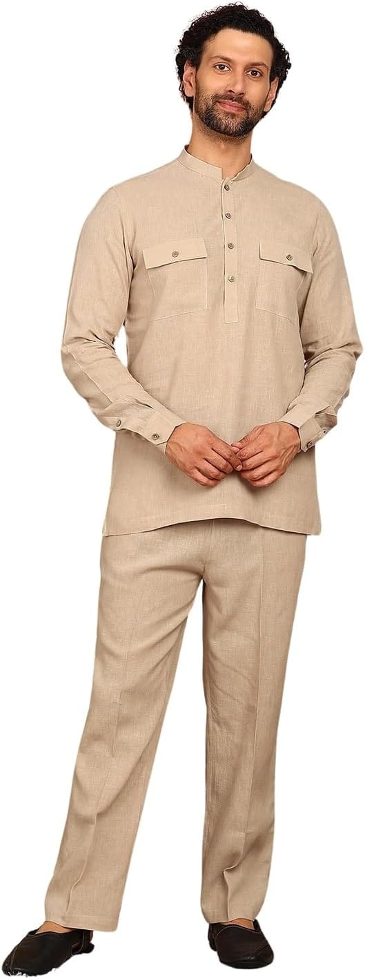 See Designs Beige Linen Kurta Pyjama