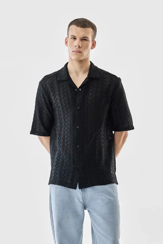Snitch Boxy Fit Self-Design Curved Collar Shirt