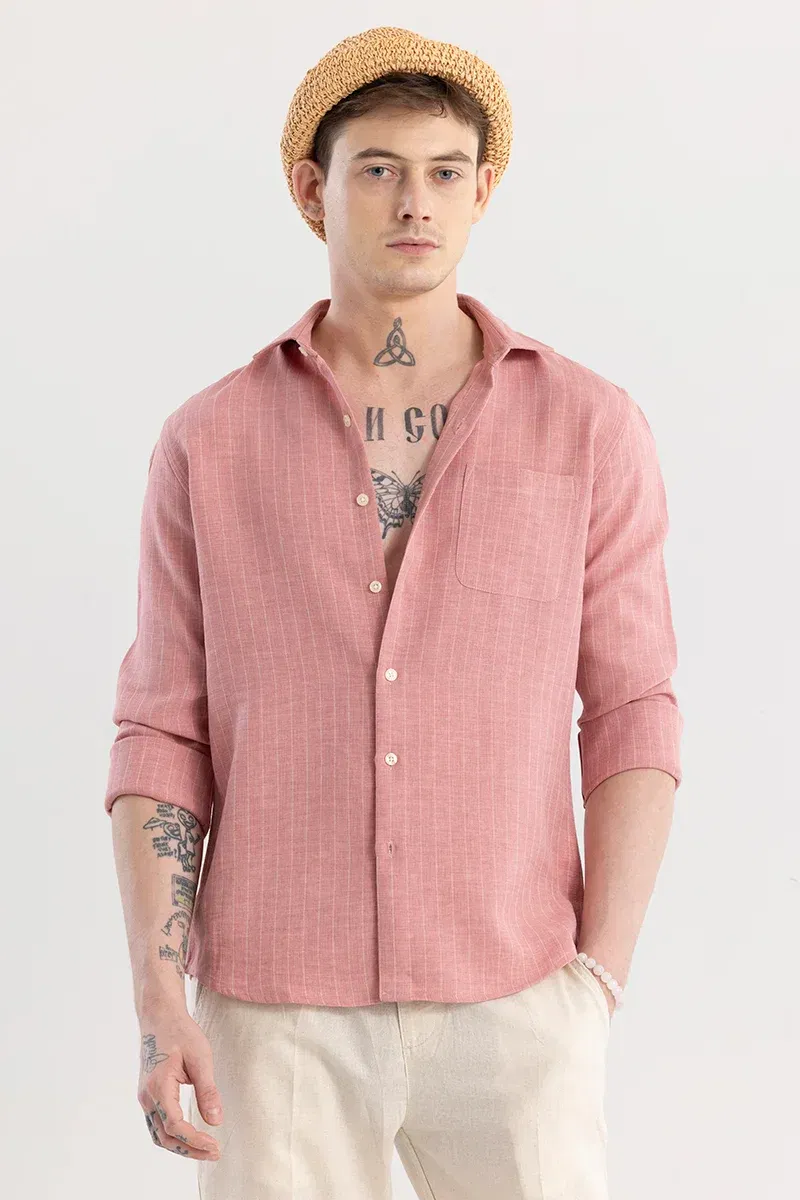 Peach Stripes Slim Fit Linen-Line Shirt Snitch sale