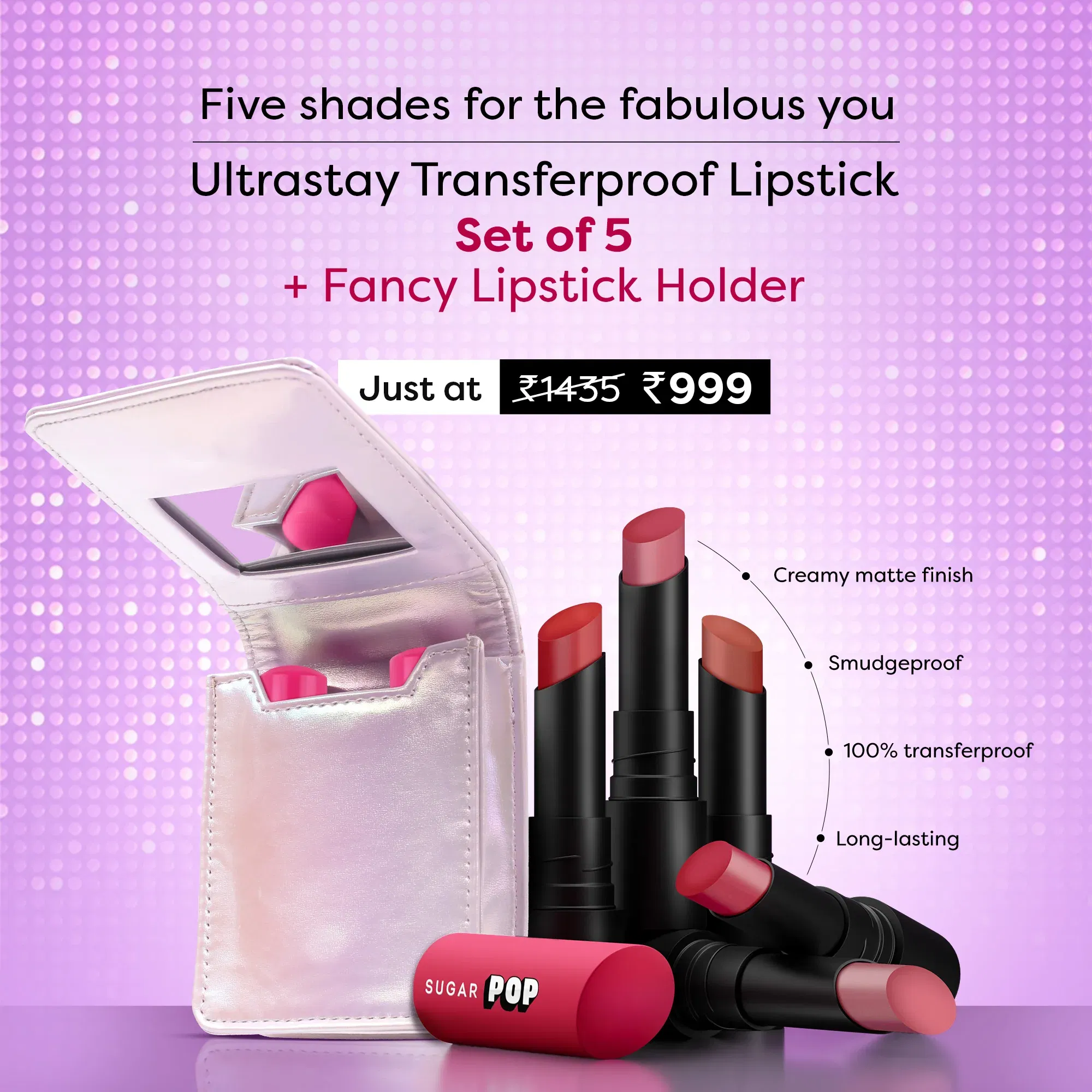 SUGAR Set of 5 Ultrastay Lipsticks with Fancy Lipstick Holder SUGAR Cosmetics sale
