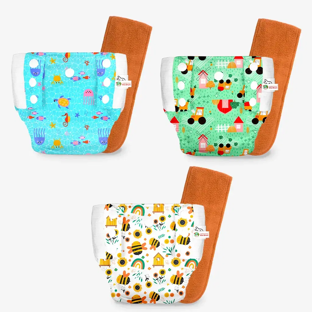 UNO Cloth Diaper Pants Pack of 3 (Buzzy Bees, Farmy Bummy, Ocean Bliss) SuperBottoms sale