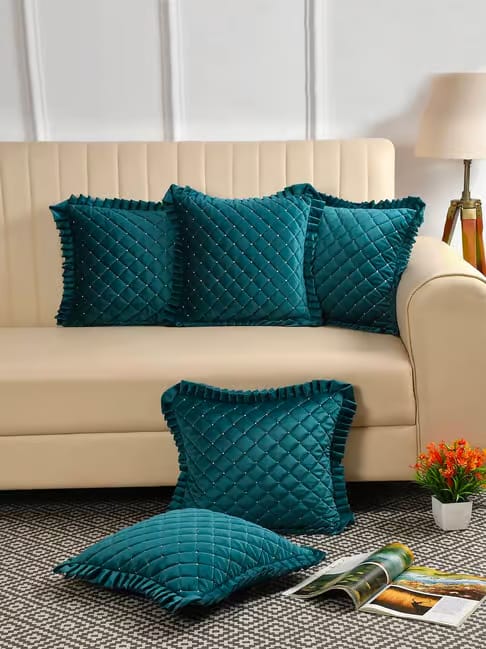 HOSTA HOMES HOSTA HOMES Quilted Blue Velvet Frilled Cushion Covers - Set of 5 Tata CLiQ sale