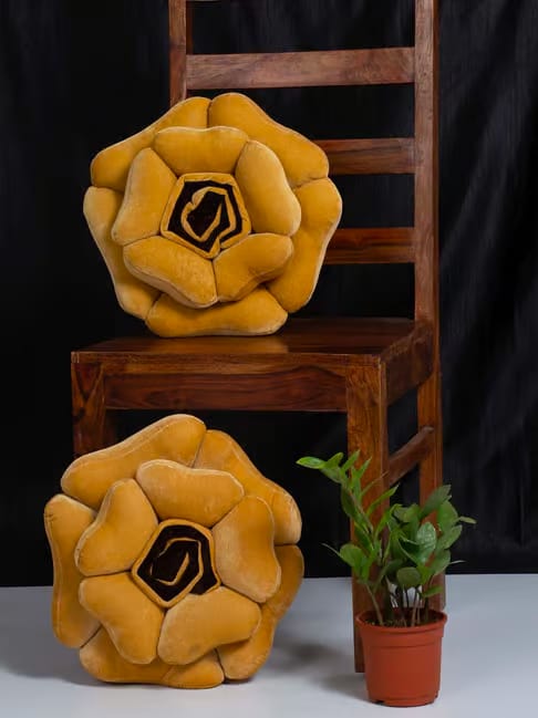 HOSTA HOMES HOSTA HOMES Yellow Velvet Flower Shaped Filled Cushion - Set of 1 Tata CLiQ sale