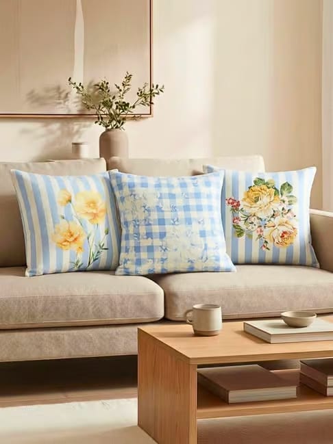 Haus & Kinder Haus & Kinder Butter Cream Multicolor Cotton Floral Print Cushion Covers - Pack of 3 Tata CLiQ sale