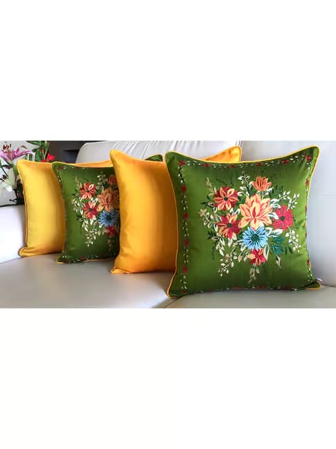 TARA Sparkling Homes TARA Sparkling Homes Gardens of Florence Green Cotton Silk Embroidery Cushion Cover Tata CLiQ sale