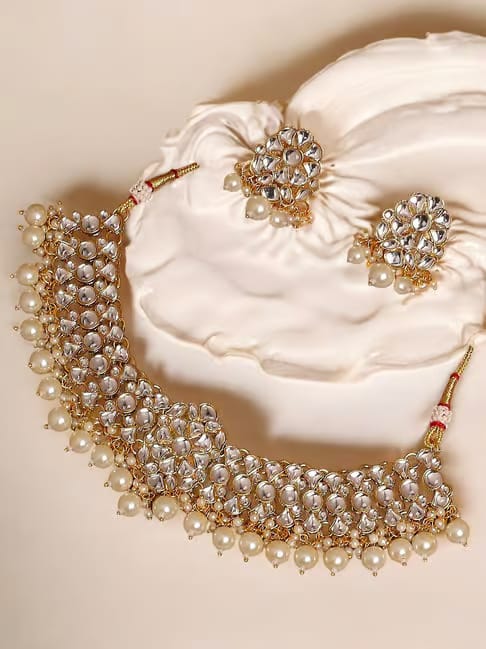 OOMPH Gold Kundan & Pearls Jadau Choker Necklace Set with Drop Jhumka Earrings & Ring Tata CLiQ sale