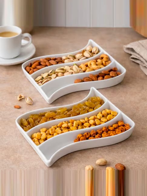 Homesake White Porcelain Wavy Rectangle Tray with Partition - Set of 2 Tata CLiQ sale
