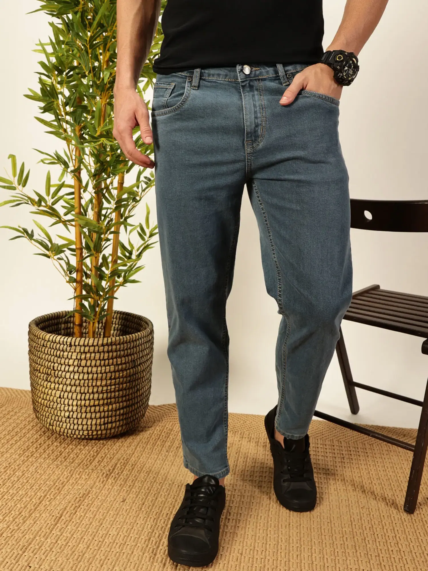 Thomas Scott Mid Blue Cotton Slim Tapered Solid Jeans Tata CLiQ sale