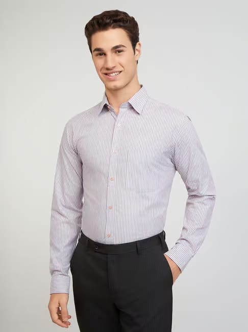 Raymond Light Berry Cotton Slim Fit Striped Shirt Tata CLiQ sale