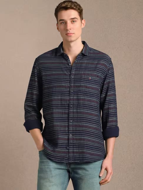 Louis Philippe Navy Cotton Slim Fit Striped Shirt Tata CLiQ sale
