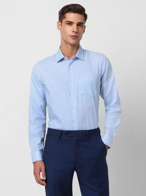 Van Heusen Blue Cotton Slim Fit Checks Shirt Tata CLiQ sale