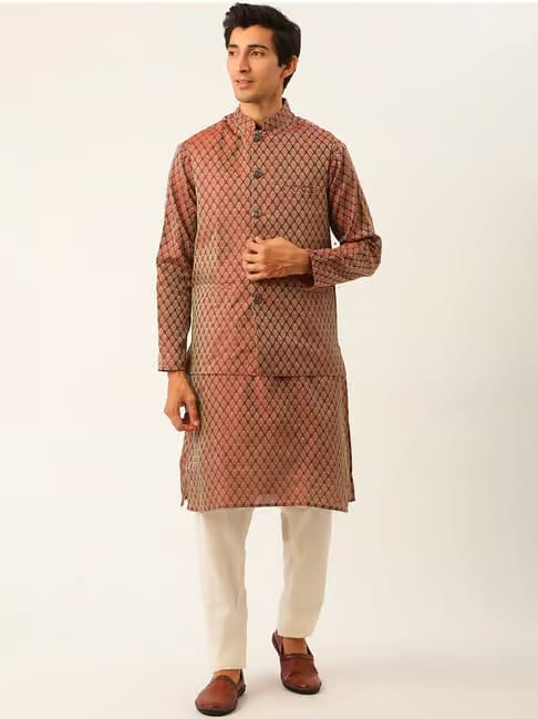 Sojanya Maroon Regular Fit Printed Kurta Set With Jacket Tata CLiQ sale