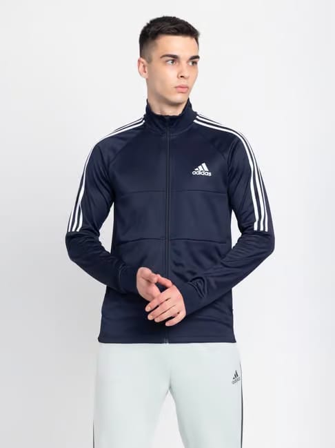 Adidas Blue Slim Fit Striped Sports Jacket Tata CLiQ sale
