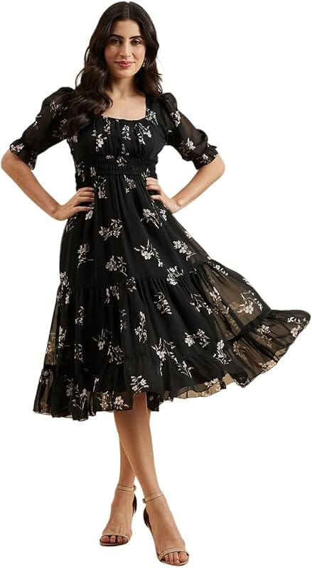 Twenty Dresses Black Floral Square Neck Midi Dress