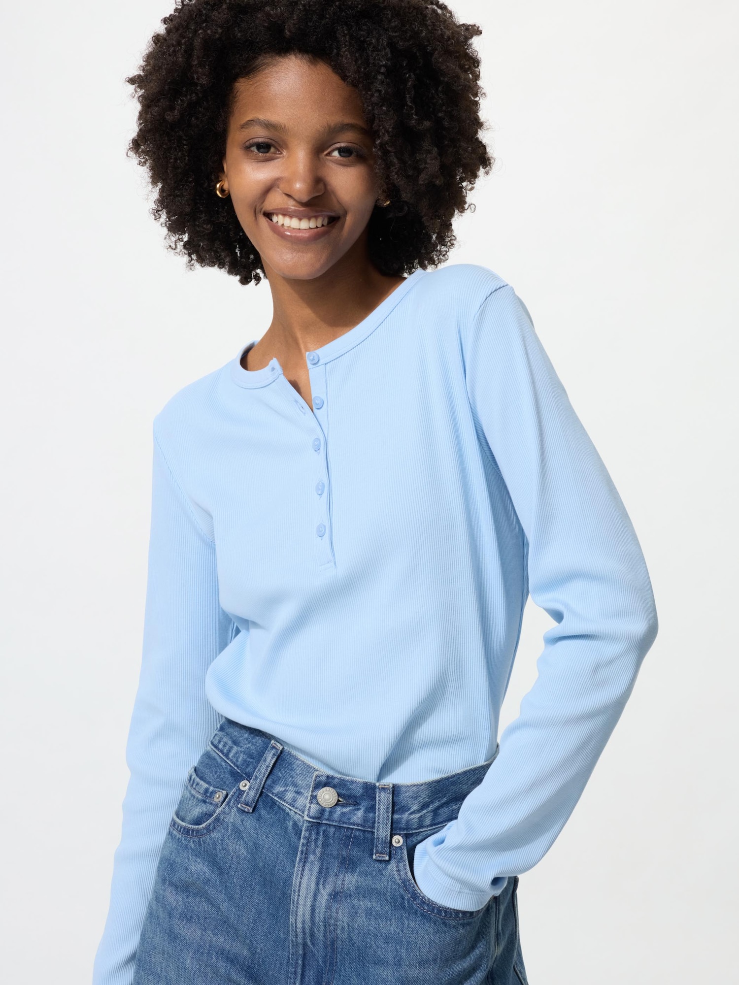 Uniqlo Women Ribbed Henley Neck T-Shirt Uniqlo sale