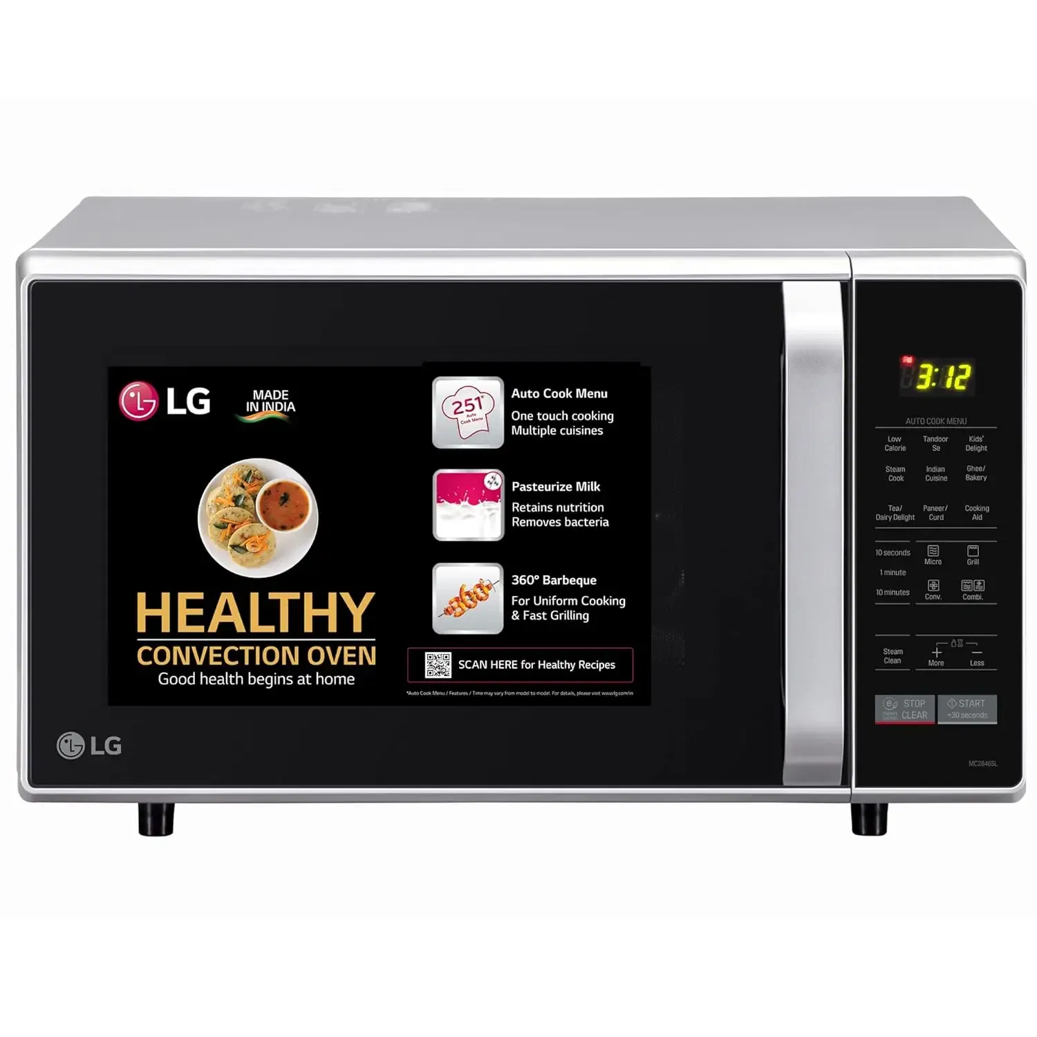 LG 28 Litres Convection Microwave Oven 251 Auto Cook Menus Diet Fry Quartz Heater (MC2846SL, Silver) Vijay Sales sale