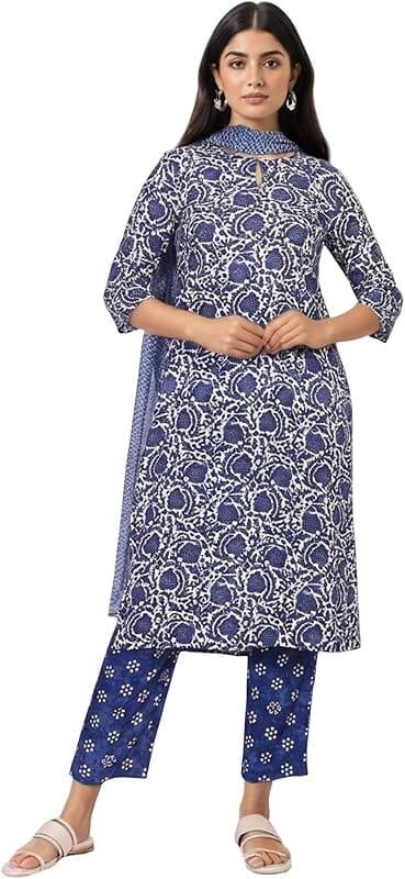 W for Women Block Print Straight Kurta Set