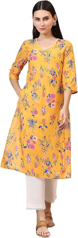 W Women Yellow Floral Printed Kurti