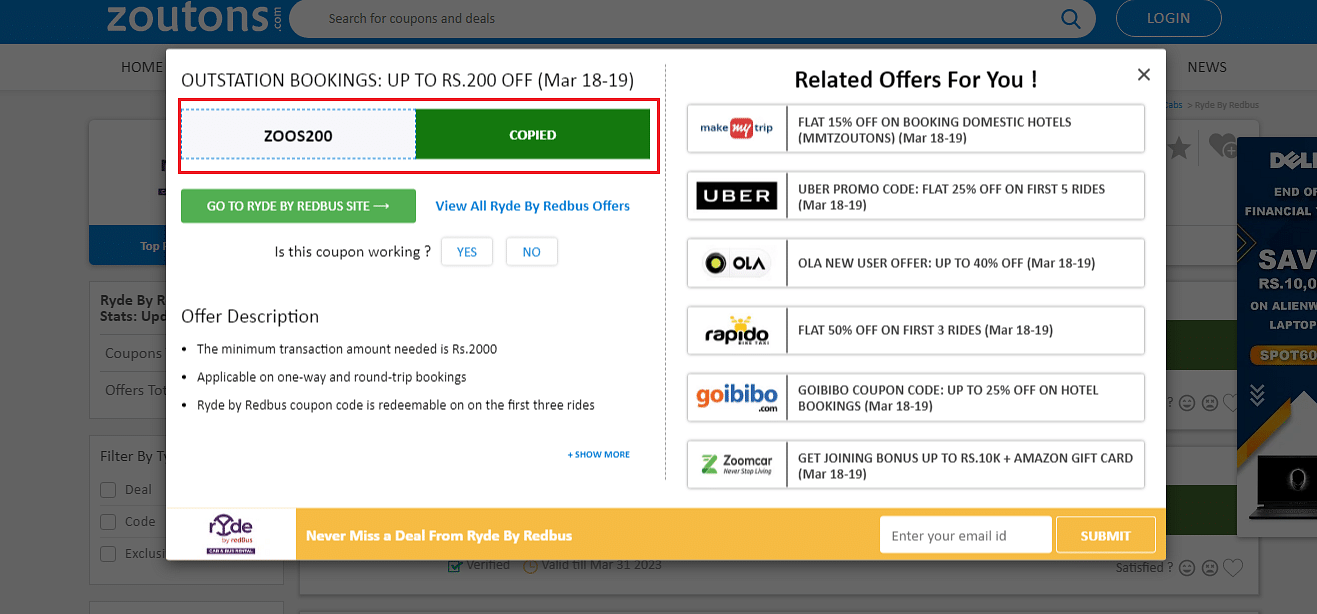 Ryde By Redbus Coupons & Offers Instant Rs.1000 Off March 2024